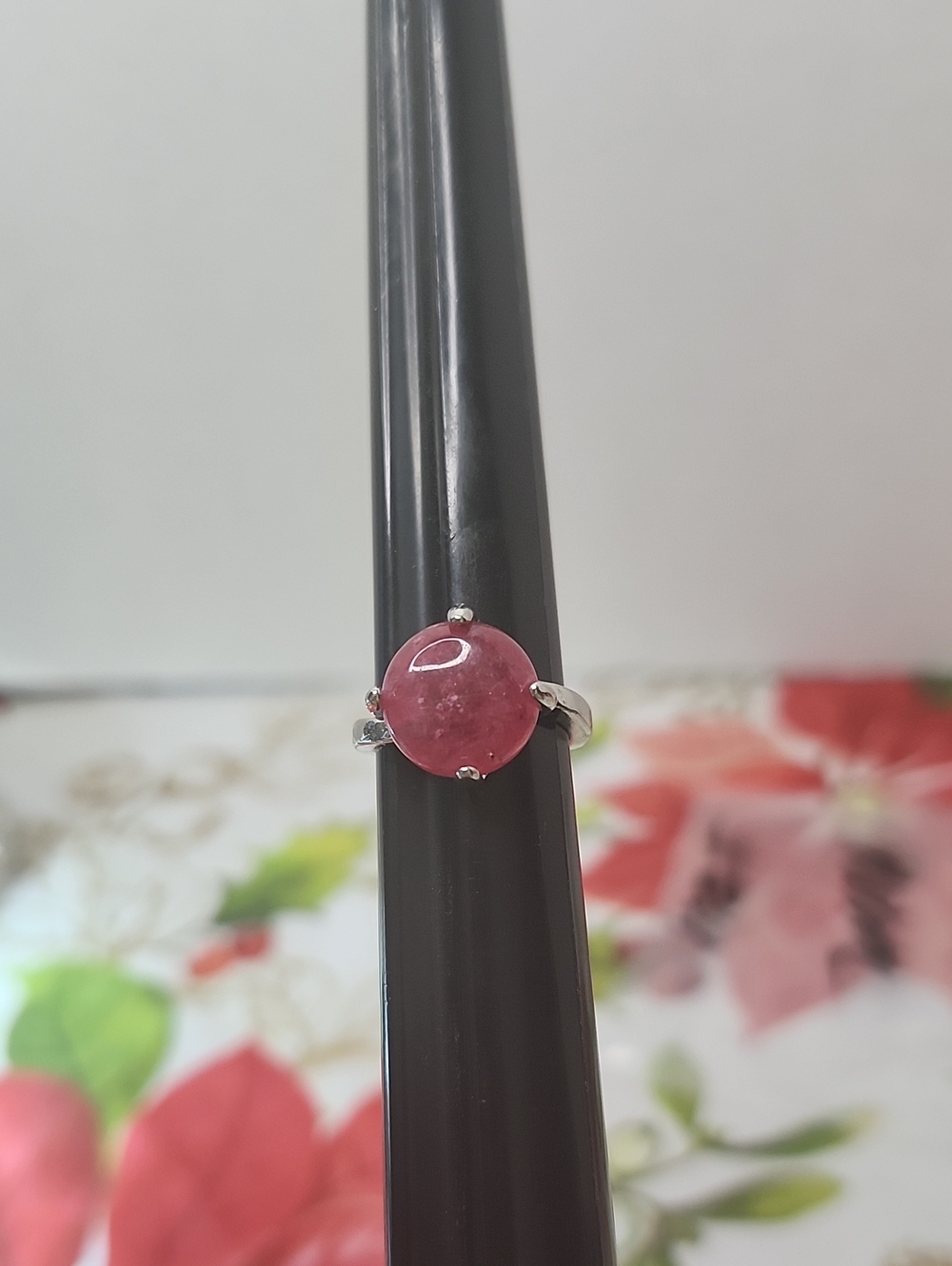 Pink Cabochon Ring in Silver-Style Setting